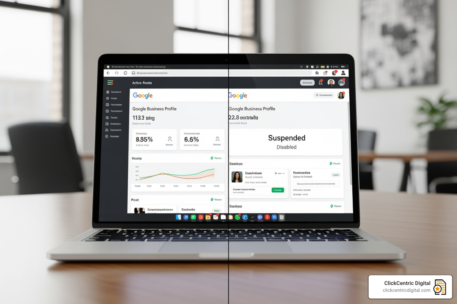 A comparison of a live Google Business Profile vs. a suspended dashboard view