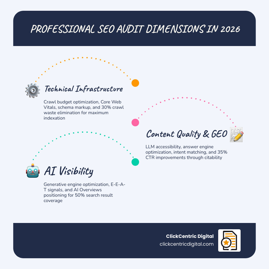 8 dimensions of a professional SEO audit in 2026 including technical, content, and AI visibility infographic 8 dimensions of a professional SEO audit in 2026 including technical, content, and AI visibility infographic