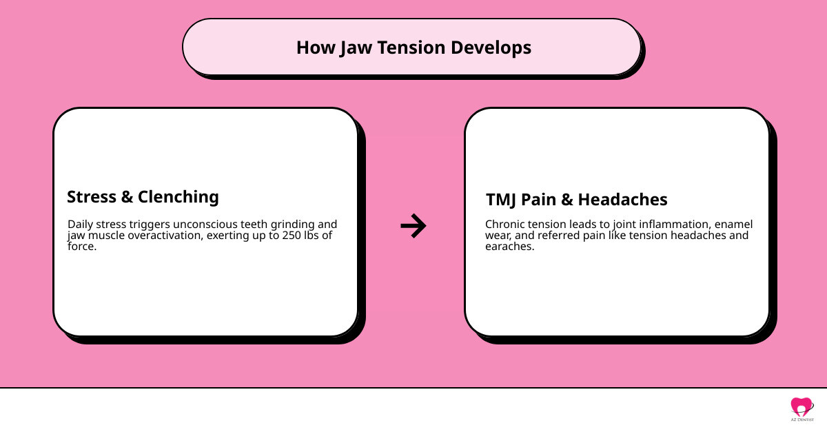 Infographic showing jaw muscle tension, clenching forces, and how a mouth guard reduces TMJ pain infographic