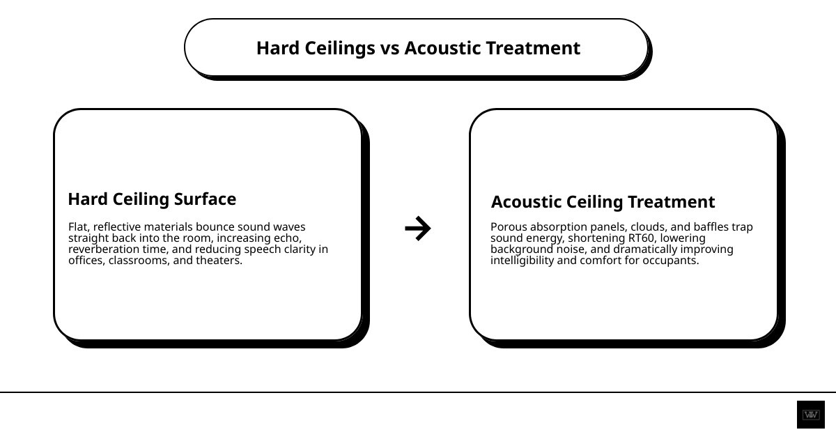 Infographic showing how sound waves reflect off hard ceilings vs. absorb into acoustic treatment materials infographic Infographic showing how sound waves reflect off hard ceilings vs. absorb into acoustic treatment materials infographic