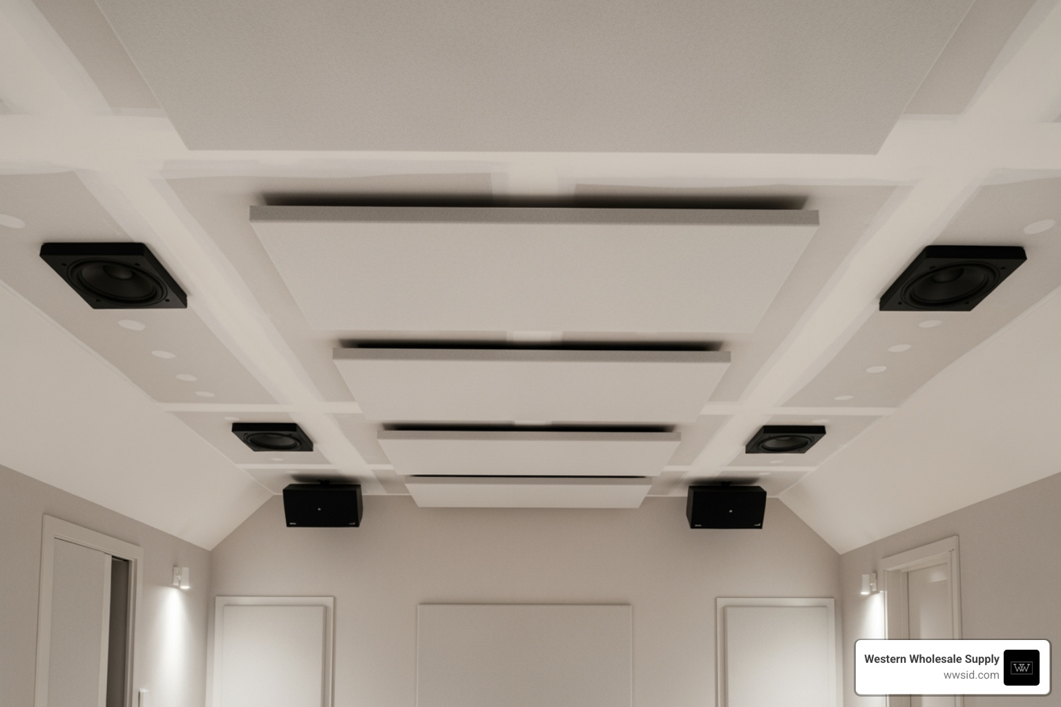 professional installation showing first reflection point treatment on a ceiling professional installation showing first reflection point treatment on a ceiling