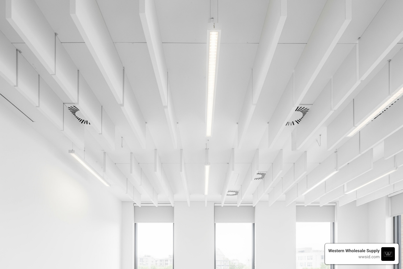 clean installation of suspended acoustic baffles in a commercial space clean installation of suspended acoustic baffles in a commercial space