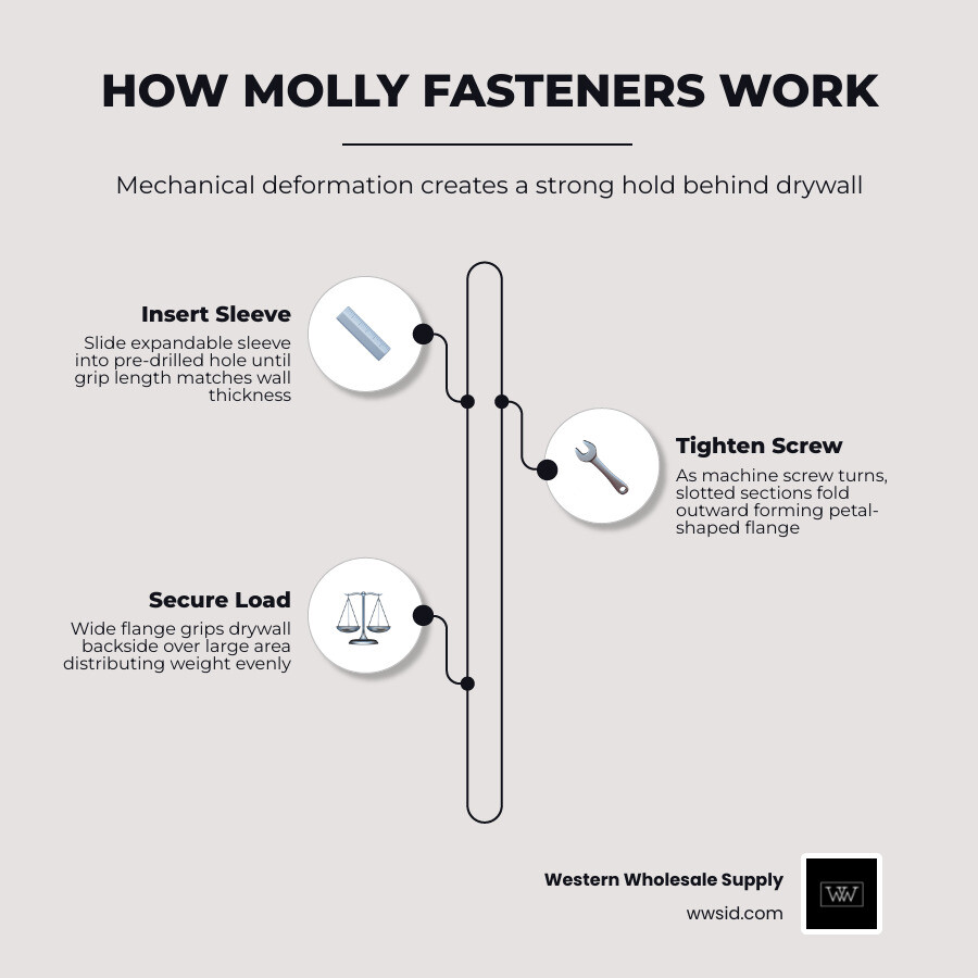 Molly fastener expansion mechanism infographic showing sleeve, screw, and flange stages infographic Molly fastener expansion mechanism infographic showing sleeve, screw, and flange stages infographic