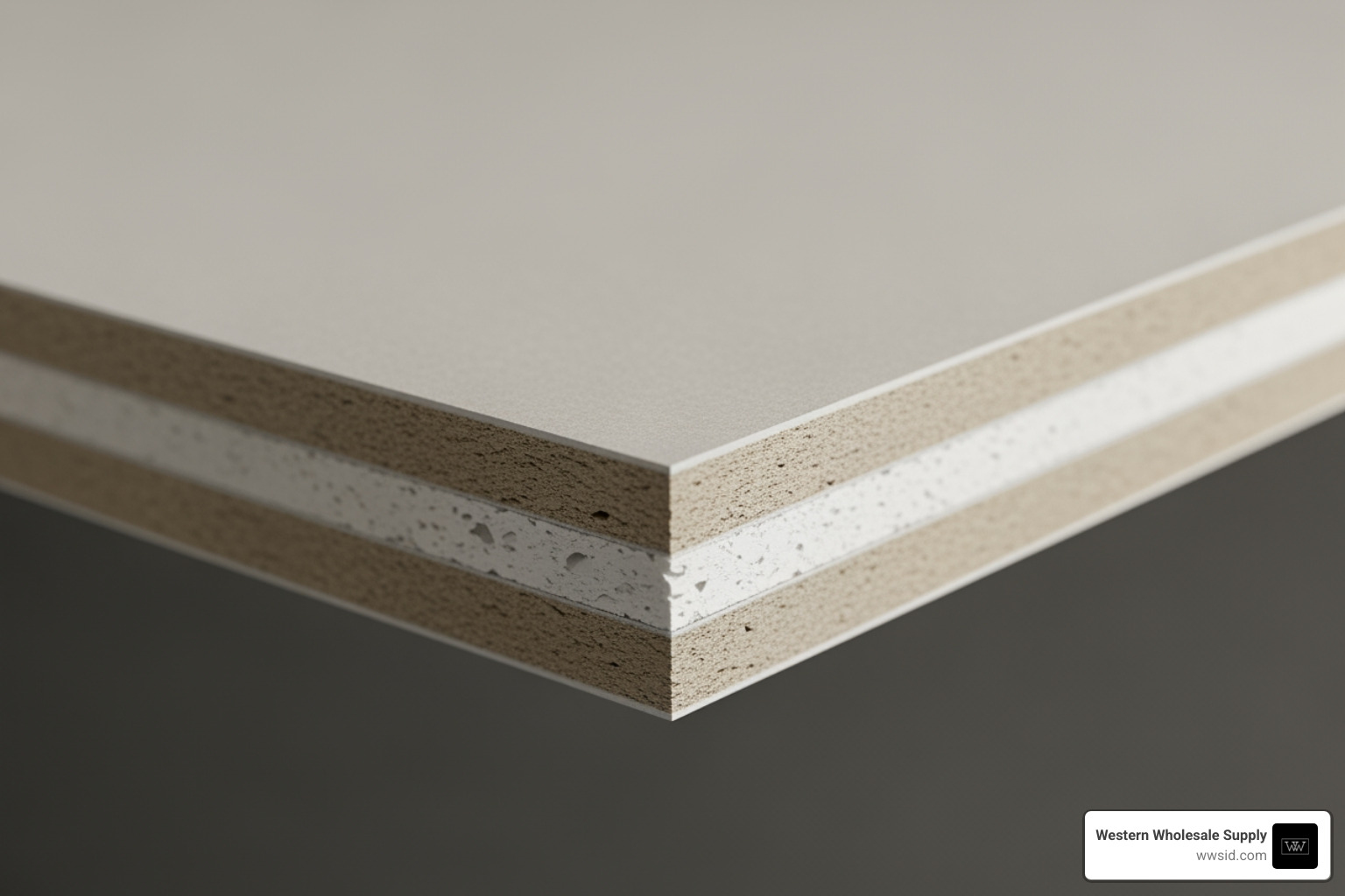 Close-up of a 1/2 inch drywall edge showing gypsum core and paper facing Close-up of a 1/2 inch drywall edge showing gypsum core and paper facing