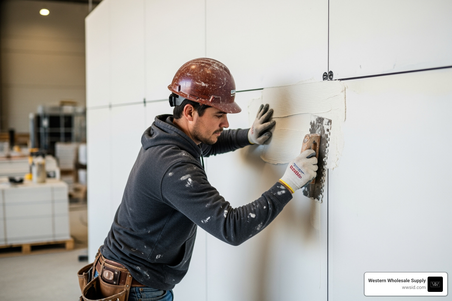 Contractor applying trowel-on adhesive to the back of an FRP panel Contractor applying trowel-on adhesive to the back of an FRP panel