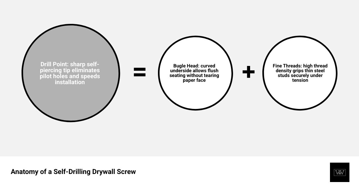 Anatomy of a self-drilling drywall screw showing bugle head, fine threads, and drill point with labeled parts infographic Anatomy of a self-drilling drywall screw showing bugle head, fine threads, and drill point with labeled parts infographic