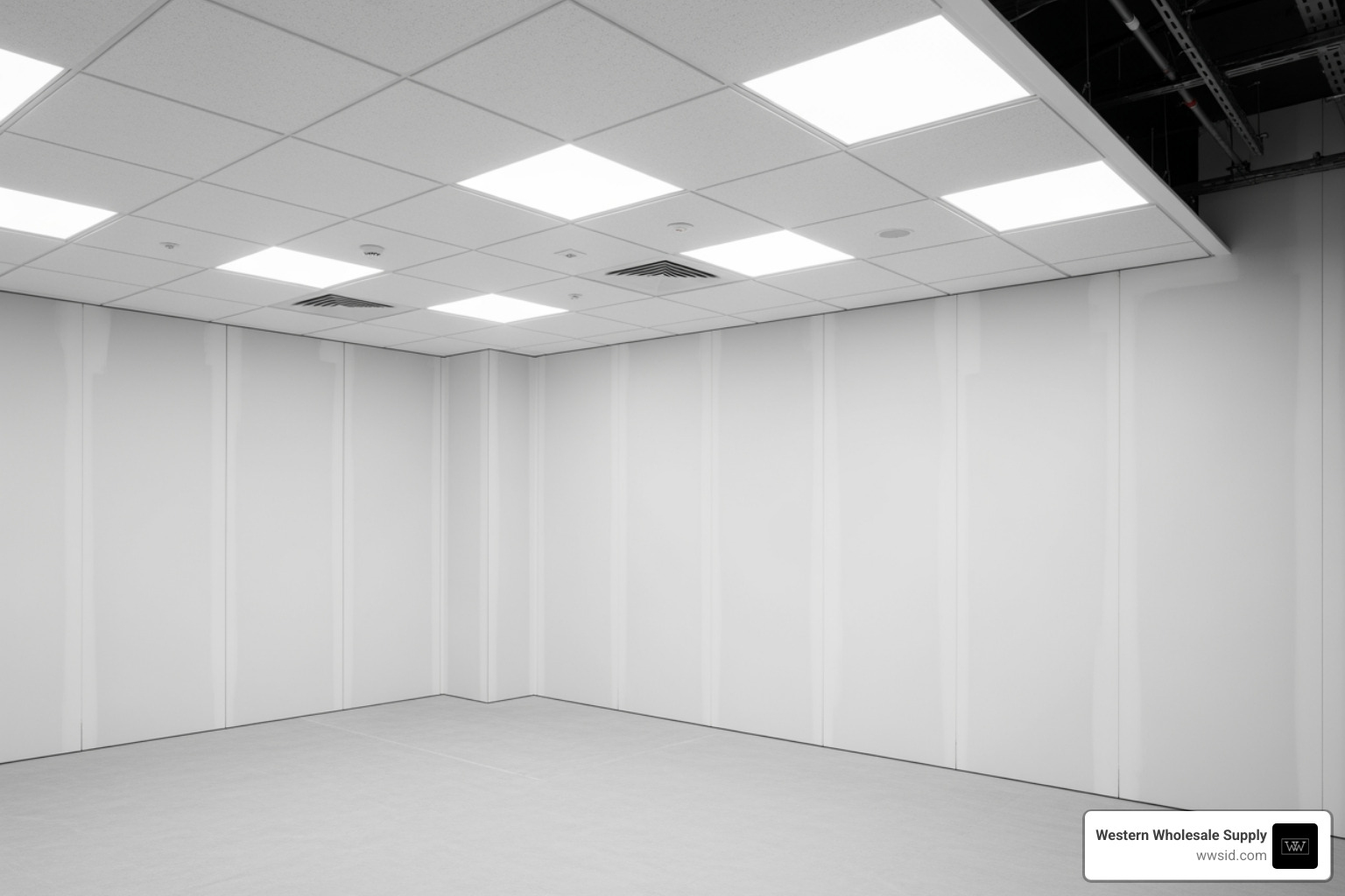 Clean architectural shot of a finished acoustical ceiling and drywall installation Clean architectural shot of a finished acoustical ceiling and drywall installation