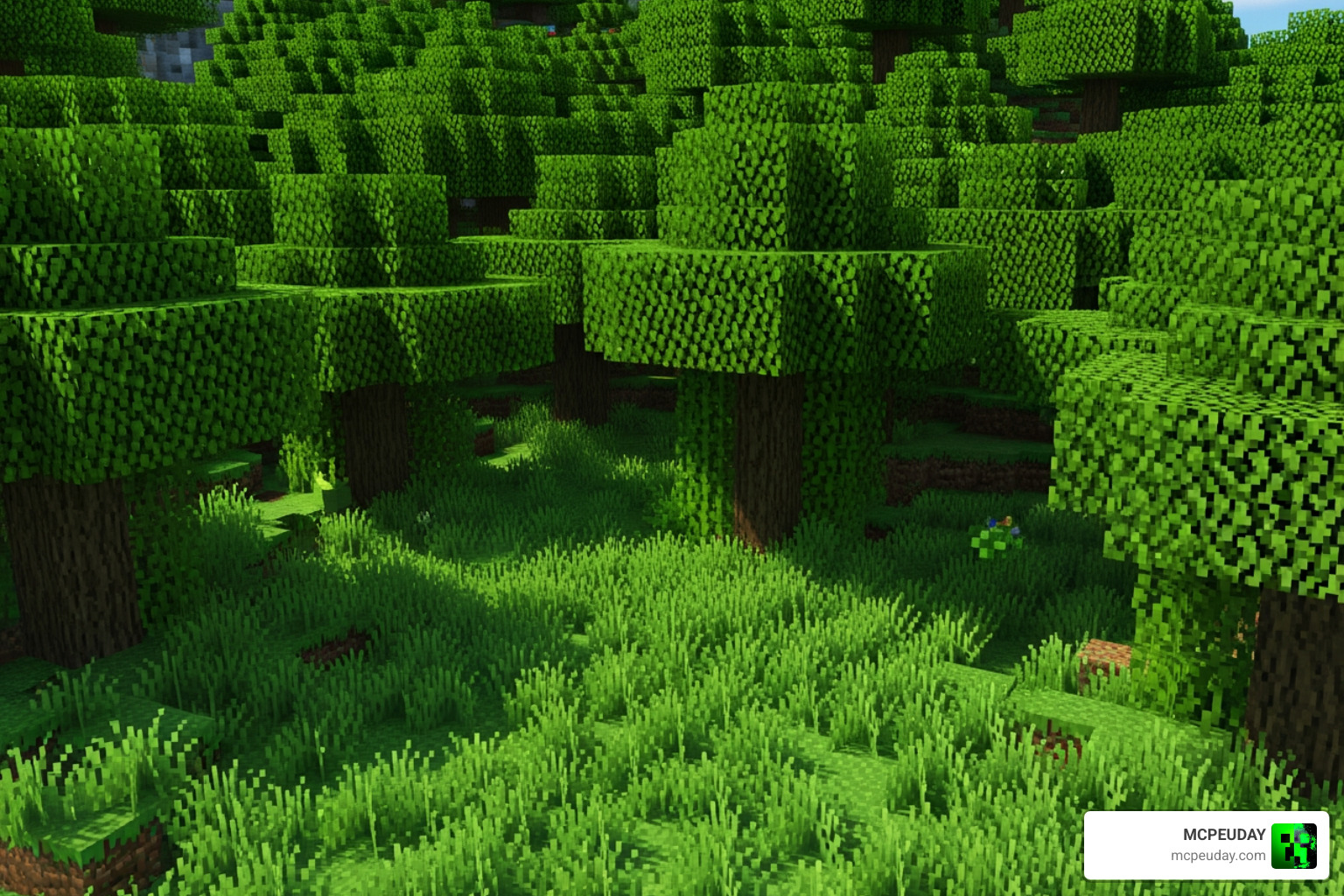 Connected grass textures and 3D foliage in a lush forest biome