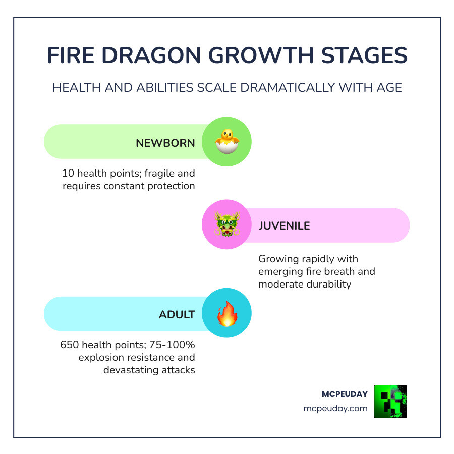 Comparison of Fire Dragon growth stages, health points, and damage types infographic