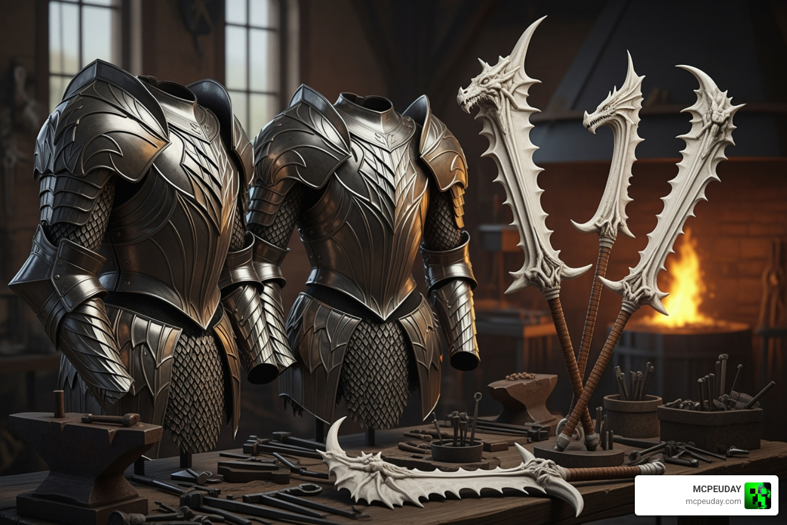 A display of Steel Dragon Armor and Dragon Bone weapons in a smithy