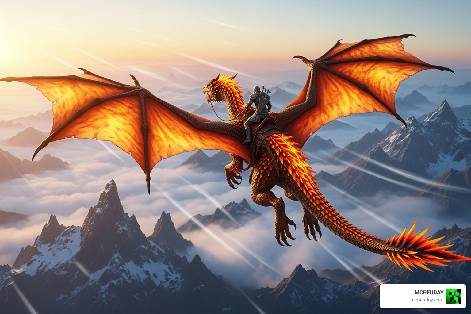 A player riding a fully grown Fire Dragon over a mountain biome