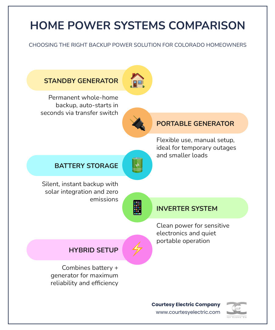 Infographic comparing standby vs portable vs battery generator types for homeowners: power output, auto-start, fuel, noise Infographic comparing standby vs portable vs battery generator types for homeowners: power output, auto-start, fuel, noise