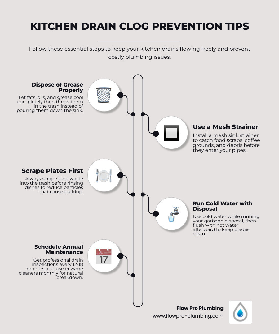 Infographic showing top kitchen drain clog prevention tips including grease disposal, mesh strainers, garbage disposal Infographic showing top kitchen drain clog prevention tips including grease disposal, mesh strainers, garbage disposal