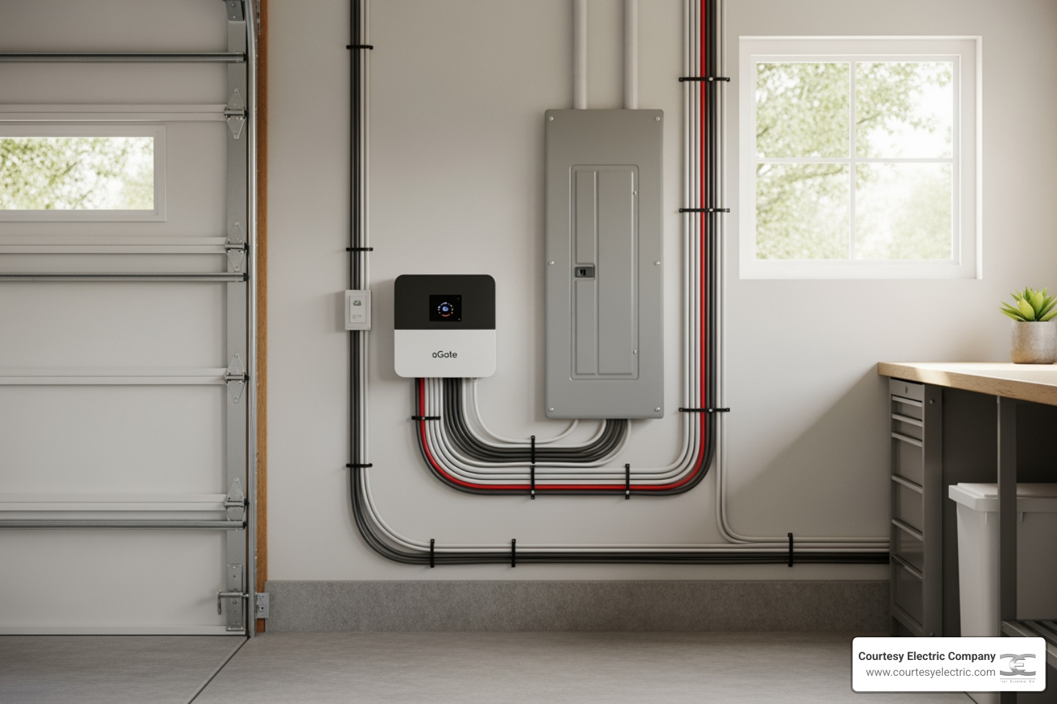 The aGate energy management hub installed next to an electrical panel in a clean garage setting The aGate energy management hub installed next to an electrical panel in a clean garage setting