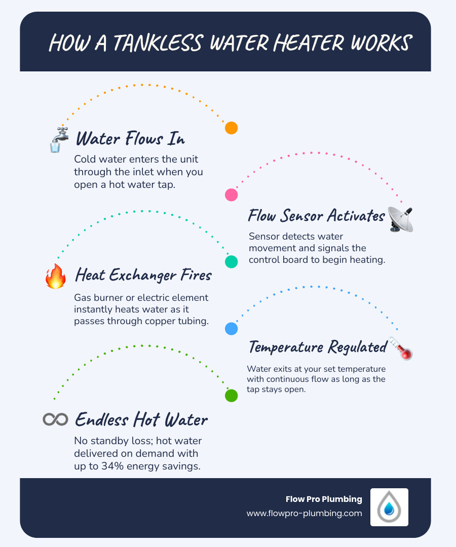 4-step infographic showing tankless water heater heating process from flow detection to hot water delivery infographic 4-step infographic showing tankless water heater heating process from flow detection to hot water delivery infographic
