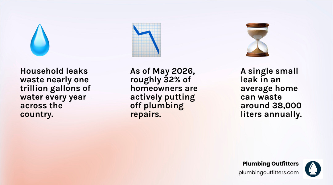 infographic showing annual water waste from household leaks, warning signs, and cost of delay infographic infographic showing annual water waste from household leaks, warning signs, and cost of delay infographic