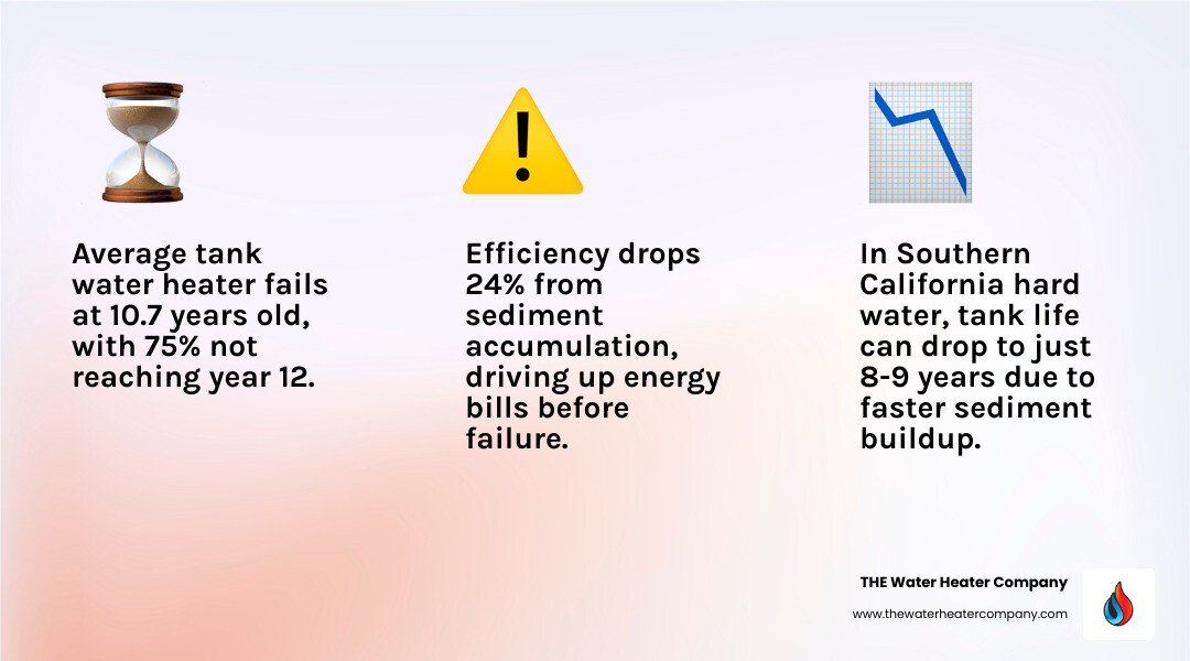 Infographic showing average water heater failure timeline from installation to failure by type infographic Infographic showing average water heater failure timeline from installation to failure by type infographic