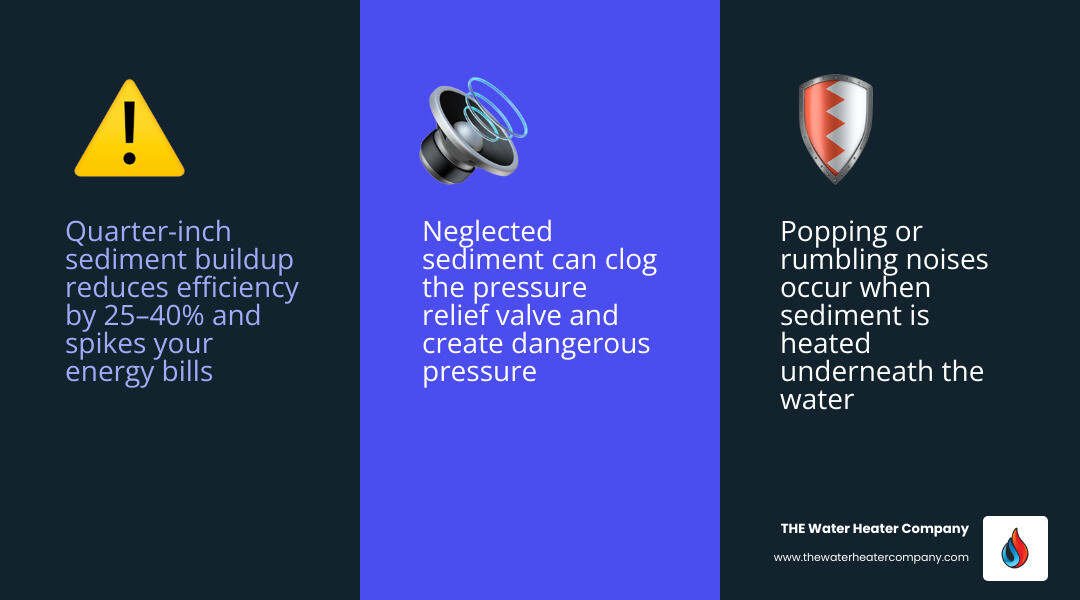 Infographic showing consequences of skipping water heater flushing: sediment buildup, efficiency loss, noisy operation Infographic showing consequences of skipping water heater flushing: sediment buildup, efficiency loss, noisy operation
