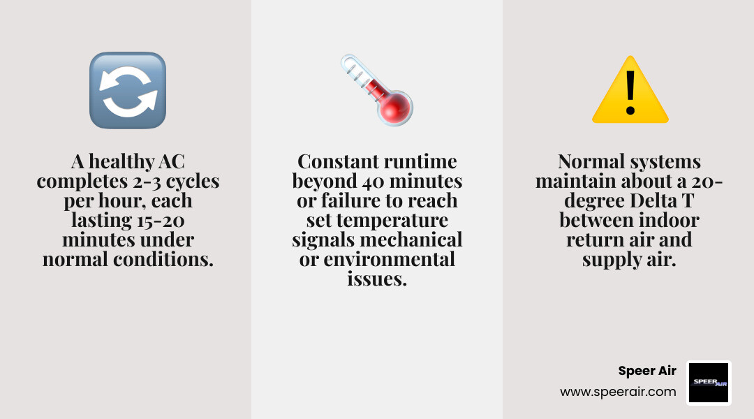 Infographic showing normal AC cooling cycle vs problematic constant runtime signs and symptoms infographic Infographic showing normal AC cooling cycle vs problematic constant runtime signs and symptoms infographic