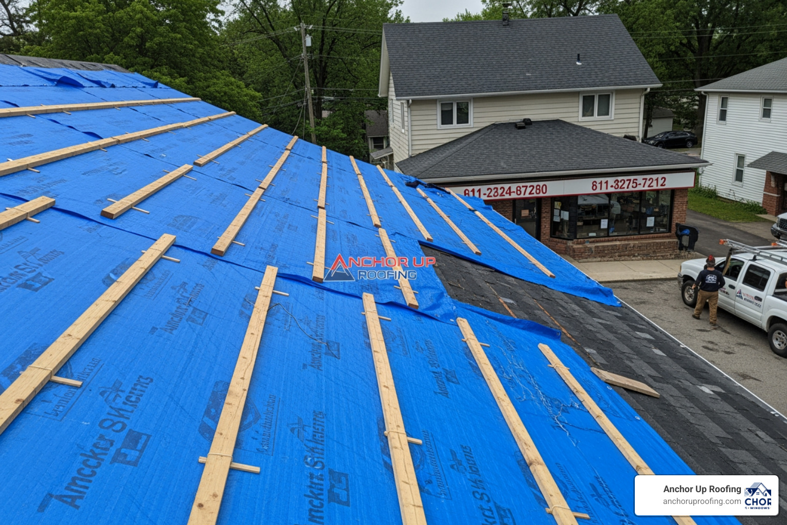 properly secured blue tarp on a residential roof using wooden strips