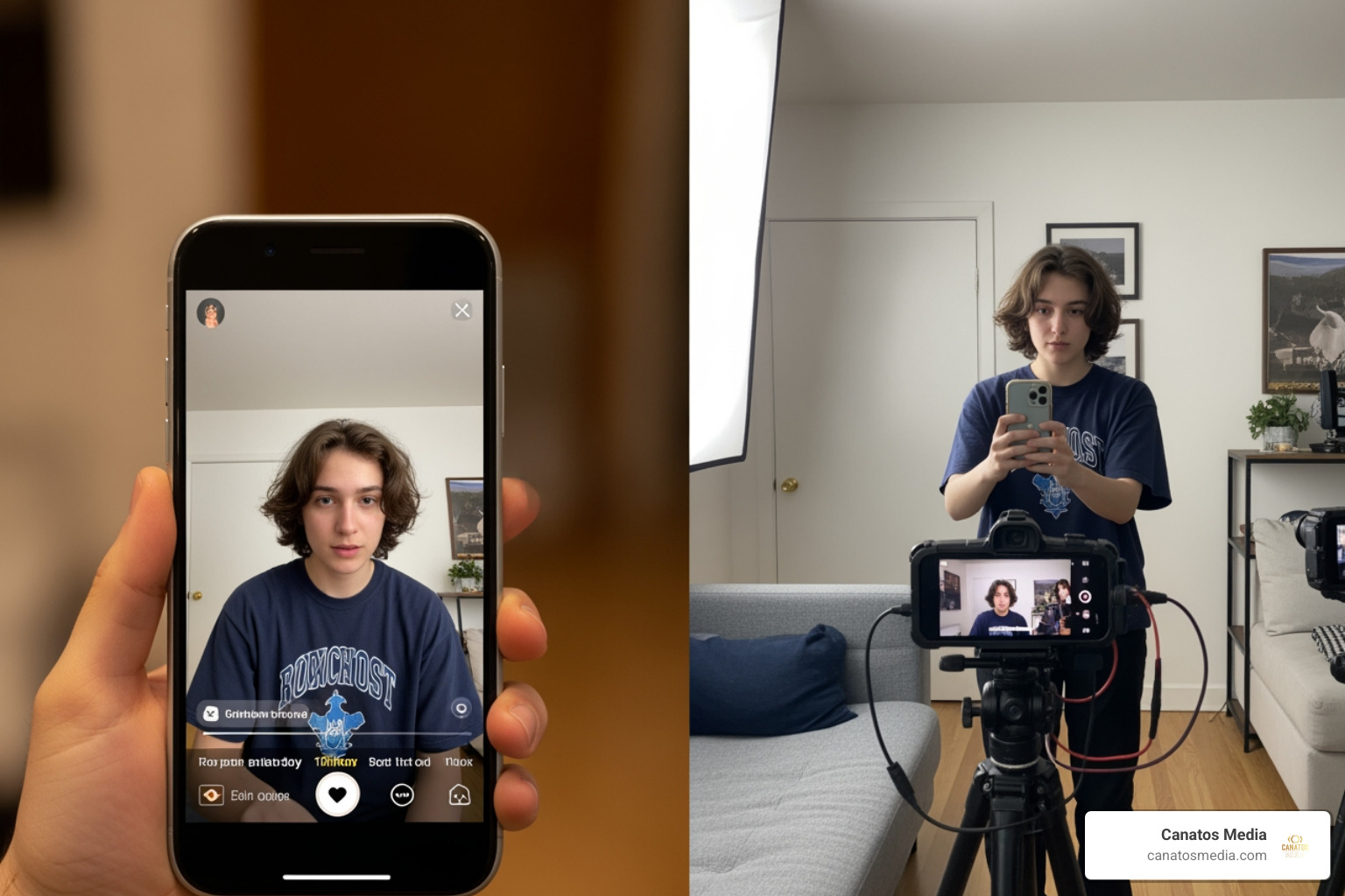 split-screen showing a viral TikTok and a behind-the-scenes clip