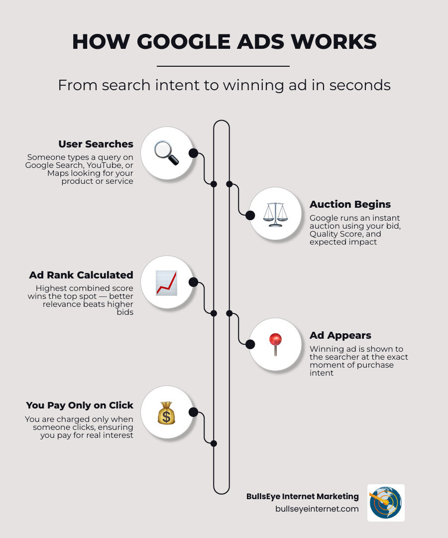 Google Ads process diagram illustrating search intent, auction, ad rank, and ad appearance.