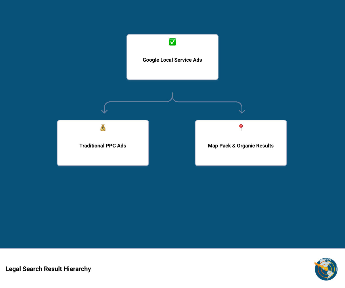 Legal search result hierarchy: LSAs, Google Ads, Map Pack, Organic — with key stats for each layer infographic Legal search result hierarchy: LSAs, Google Ads, Map Pack, Organic — with key stats for each layer infographic