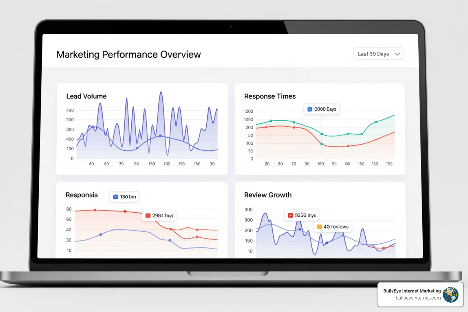 LSA Dashboard showing lead volume, response times, and review growth over 30 days LSA Dashboard showing lead volume, response times, and review growth over 30 days