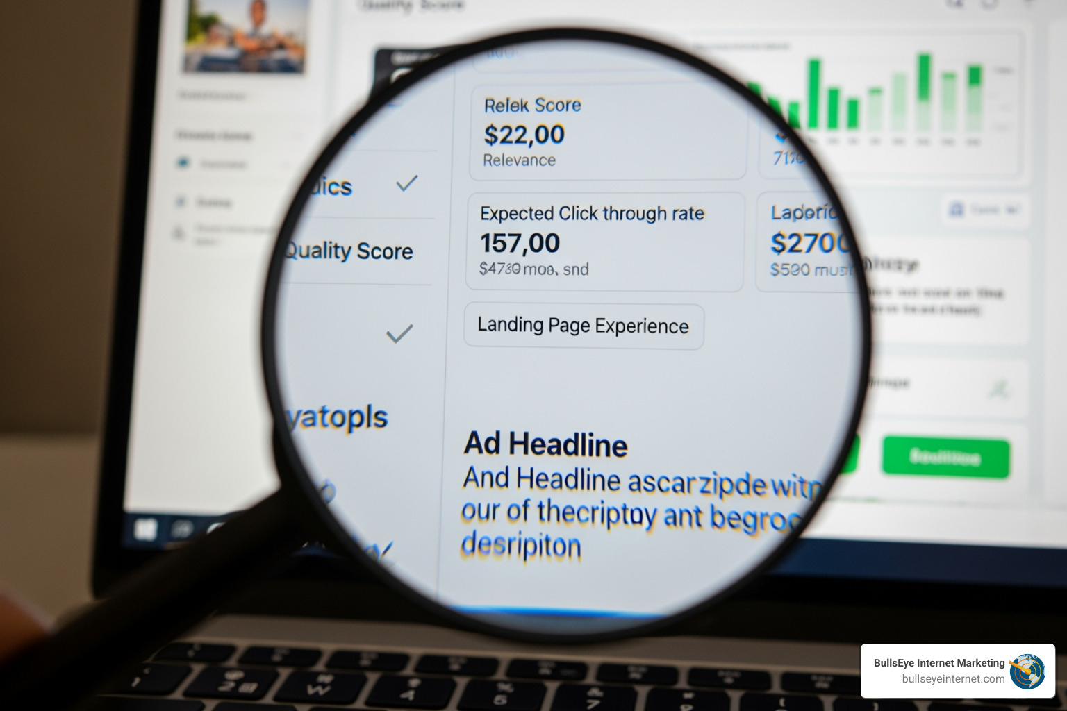 magnifying glass focusing on ad copy and quality score metrics