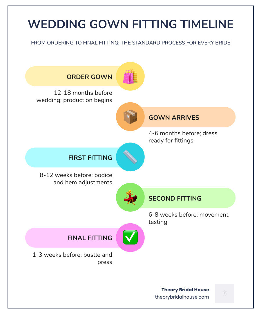Wedding gown fitting timeline infographic from ordering to final fitting infographic