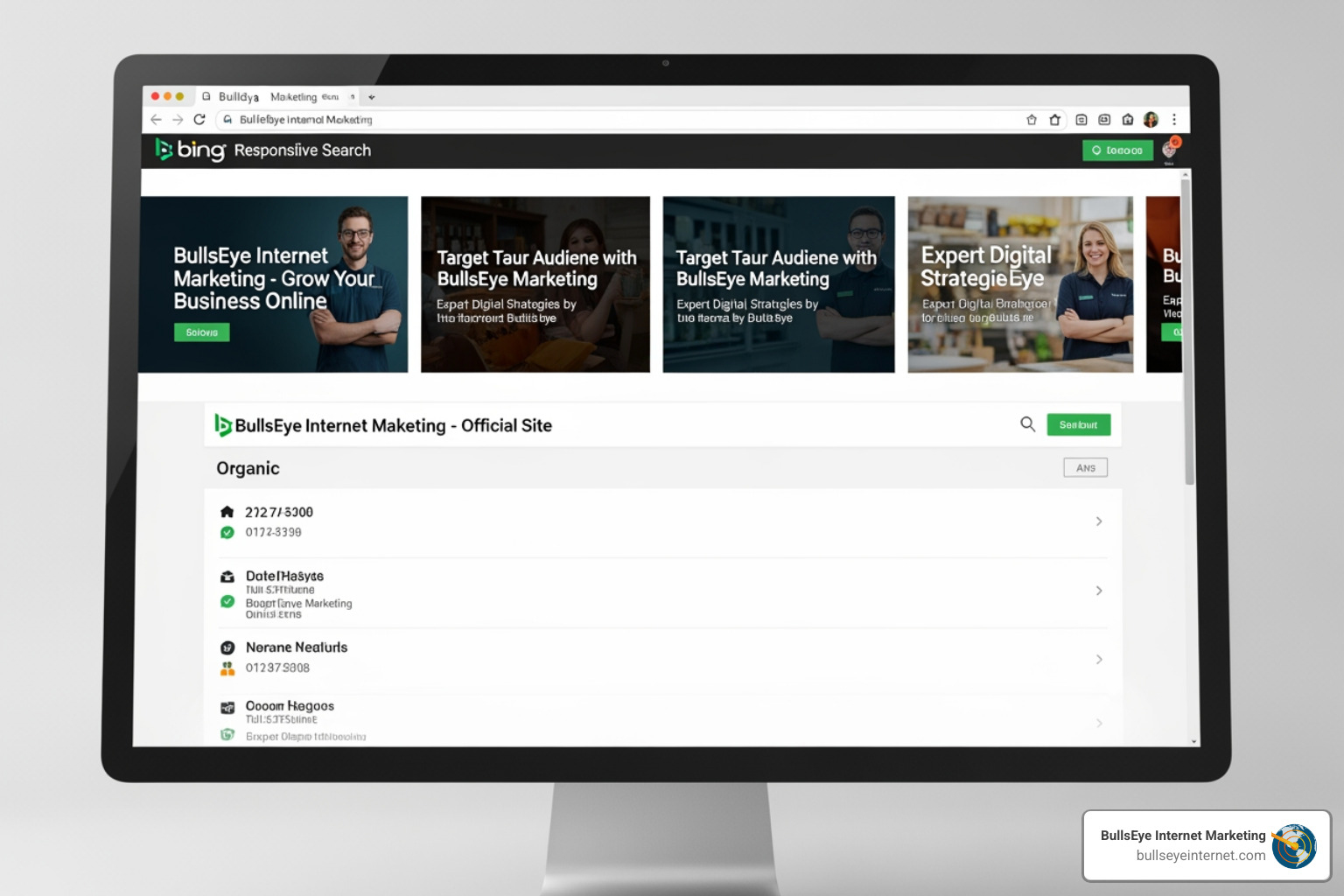 Microsoft Advertising campaign interface displaying Responsive Search Ads and ad extensions.