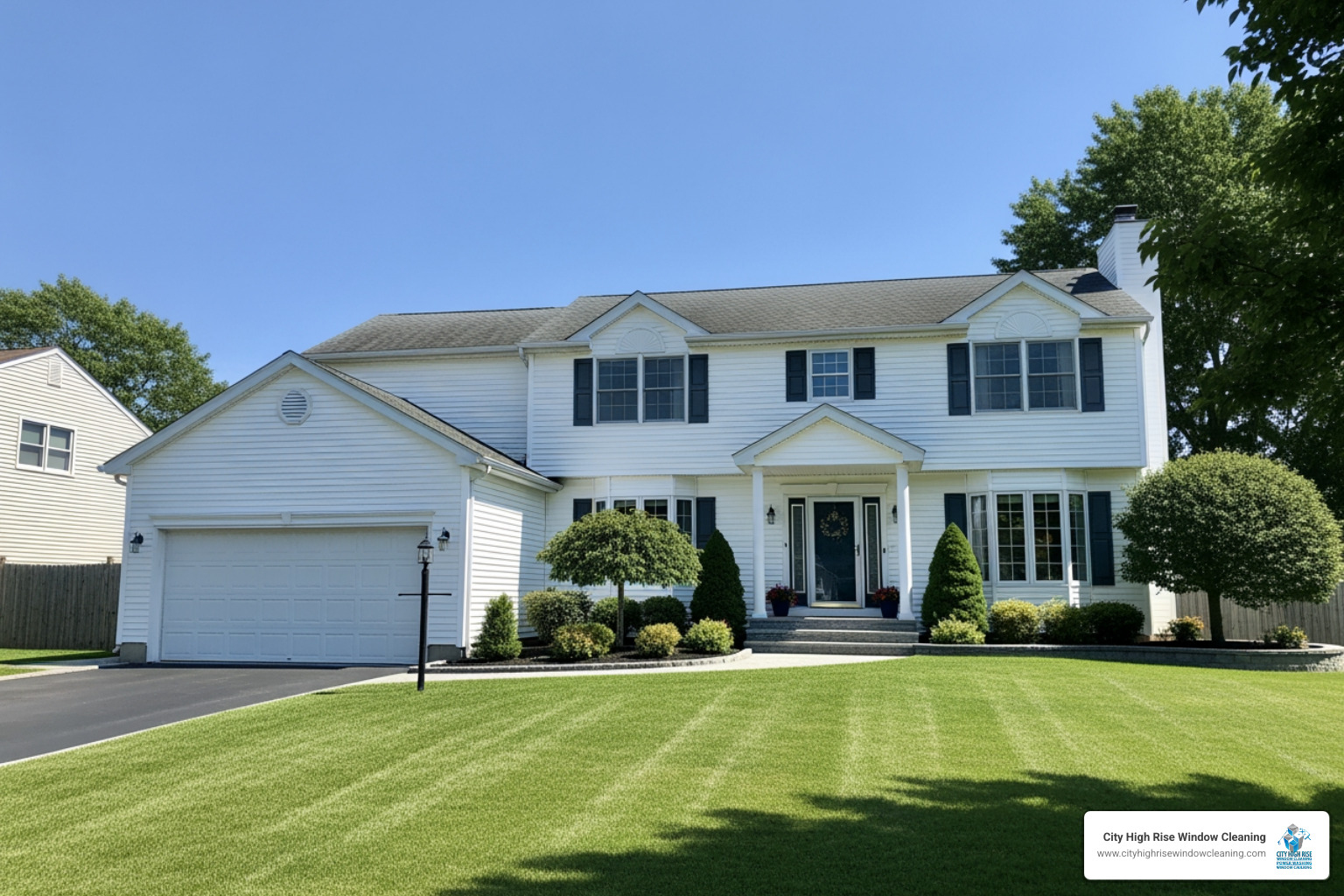 A pristine Long Island home exterior with restored curb appeal after professional cleaning A pristine Long Island home exterior with restored curb appeal after professional cleaning