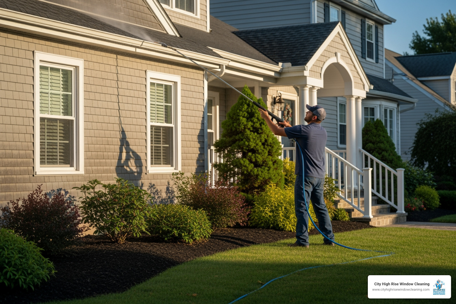 A professional technician using a soft wash wand to safely clean residential siding A professional technician using a soft wash wand to safely clean residential siding