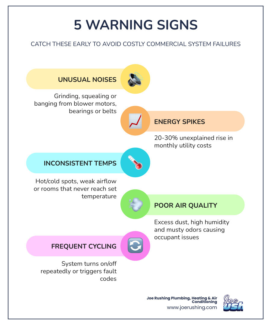 Infographic showing 5 warning signs a commercial HVAC or plumbing system needs attention with lifespan and cost data