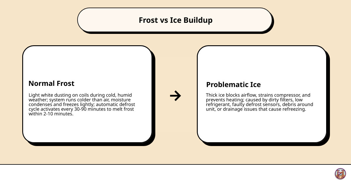 infographic showing normal frost vs problematic ice on a heat pump with causes and action steps infographic infographic showing normal frost vs problematic ice on a heat pump with causes and action steps infographic