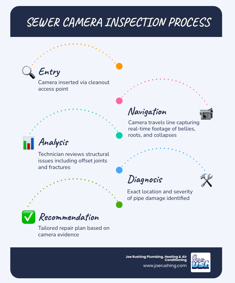 Infographic showing sewer camera inspection process from cleanout entry to footage review to repair recommendation Infographic showing sewer camera inspection process from cleanout entry to footage review to repair recommendation