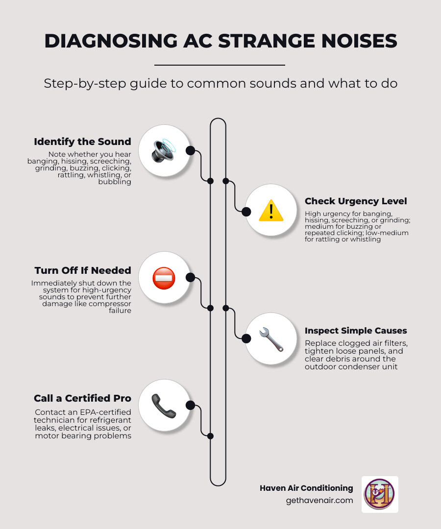 Common AC noises, their causes, and urgency levels from low to emergency infographic Common AC noises, their causes, and urgency levels from low to emergency infographic