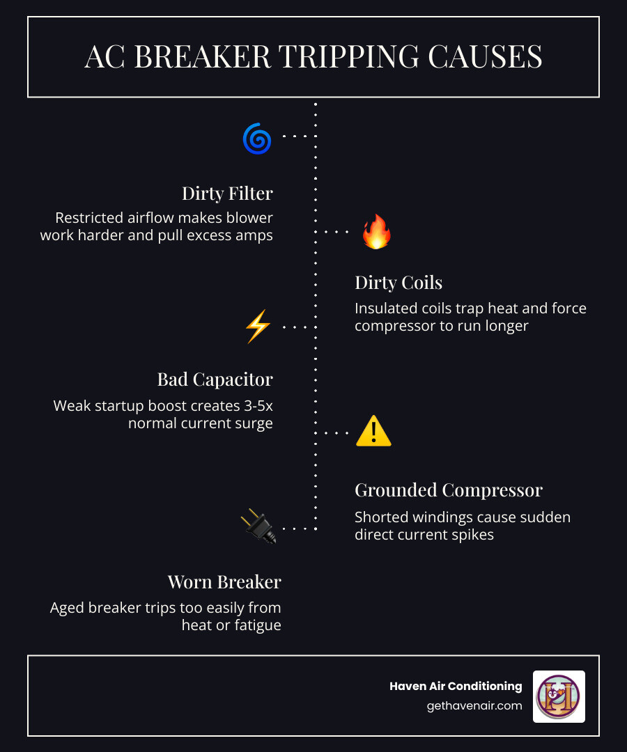 Infographic showing causes of AC circuit breaker tripping from dirty filters to compressor failure infographic Infographic showing causes of AC circuit breaker tripping from dirty filters to compressor failure infographic