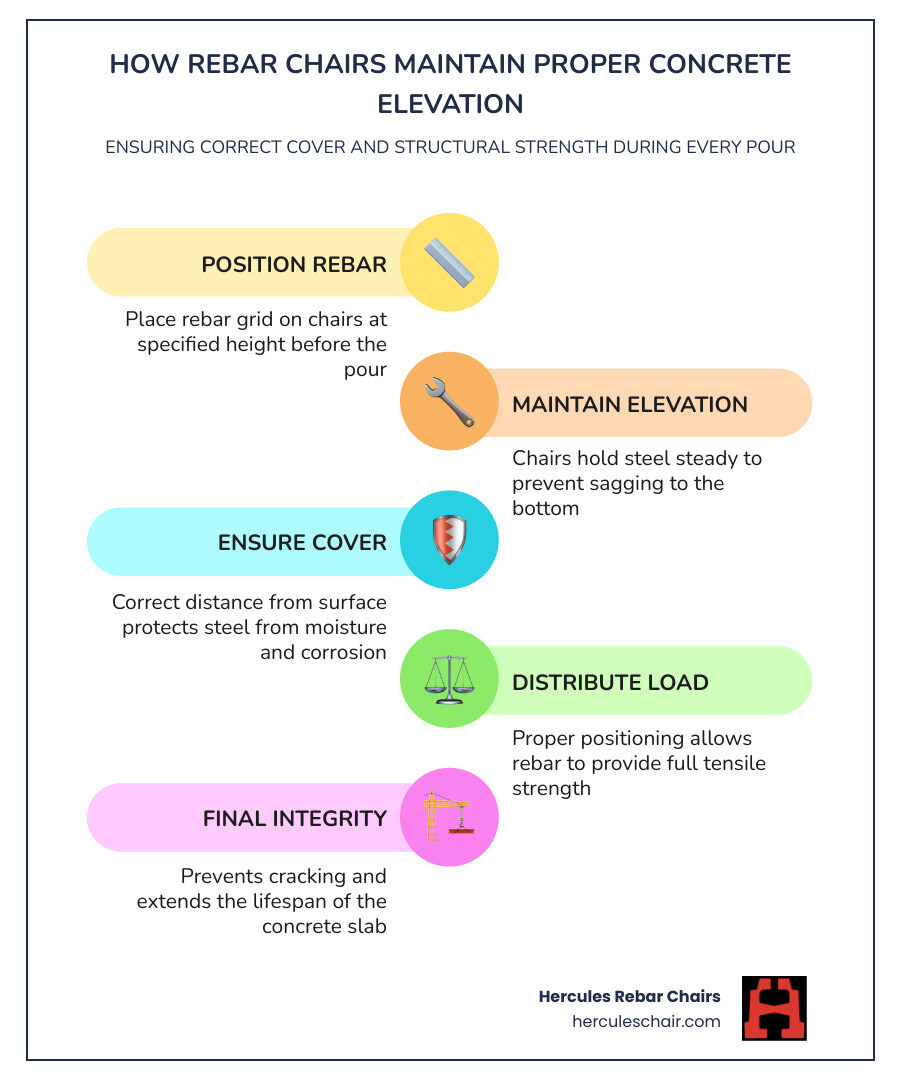 Infographic showing how rebar chairs maintain proper elevation and concrete cover in a slab pour infographic Infographic showing how rebar chairs maintain proper elevation and concrete cover in a slab pour infographic