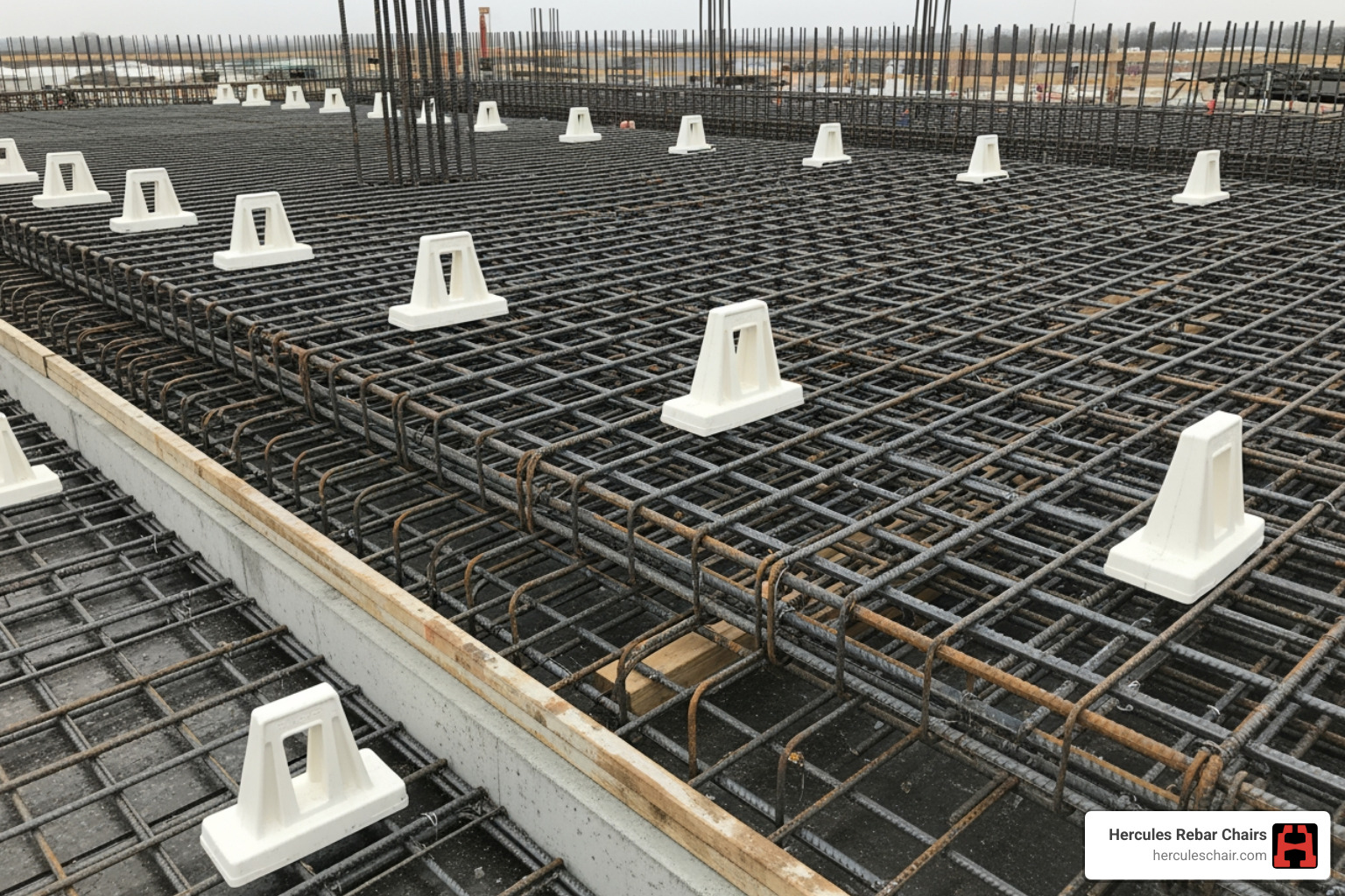 Multi-layer rebar mats supported by Hercules elevation chairs in a thick slab Multi-layer rebar mats supported by Hercules elevation chairs in a thick slab