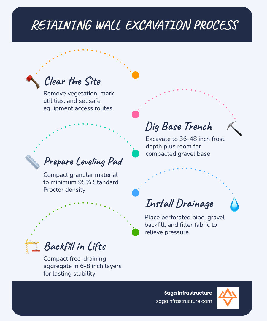 Retaining wall excavation process steps from site prep to backfill compaction infographic