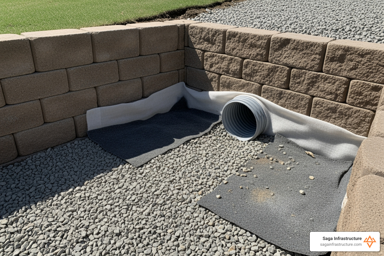 Gravel drainage zone with perforated pipe behind a segmental wall