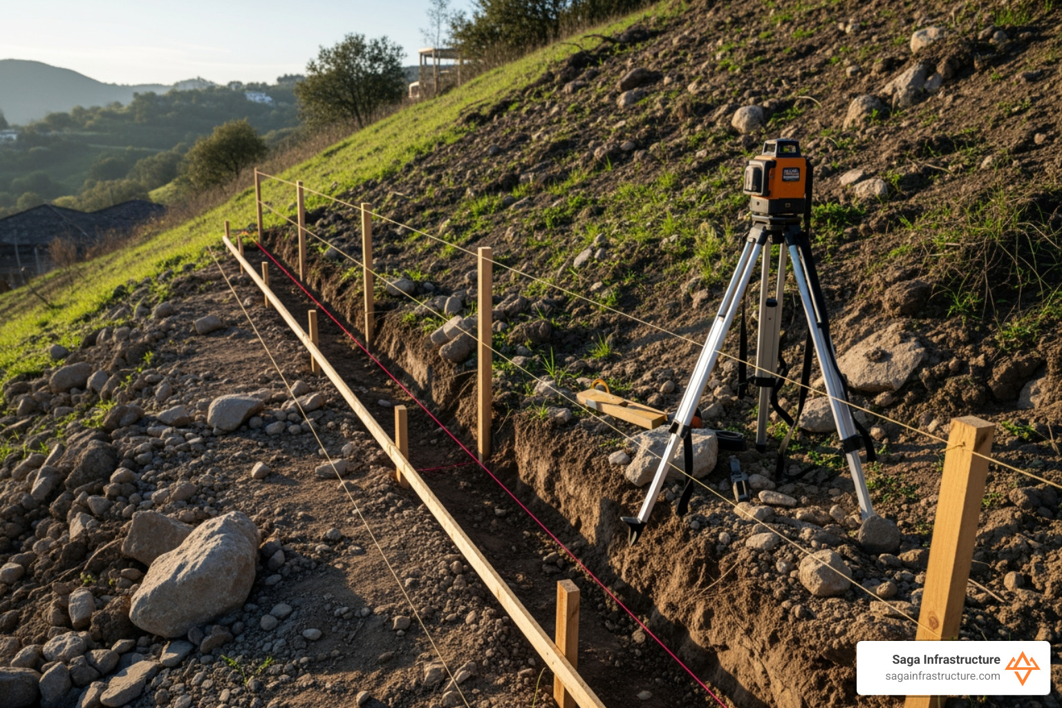 Staked wall layout with string lines and laser levels for precision