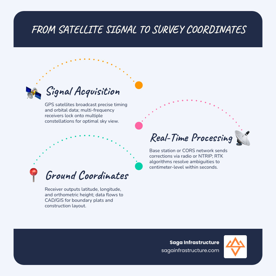 Infographic showing how satellite signals are processed into survey-grade ground coordinates via GPS receiver, base station