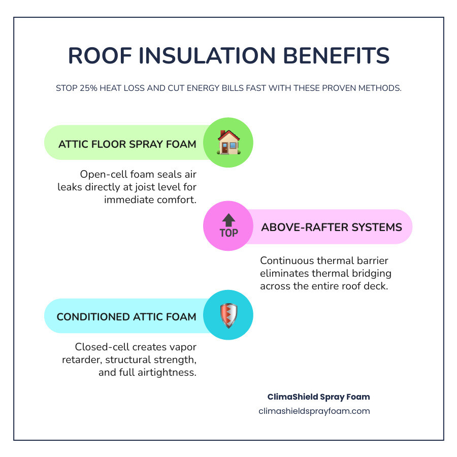 infographic showing how roof insulation traps rising heat and reduces energy loss through three insulation methods