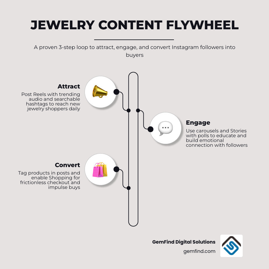 Jewelry Content Flywheel infographic showing three stages: Attract with Reels and hashtags, Engage with carousels and