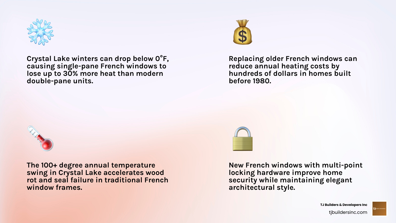 Infographic comparing French window replacement options by material, cost, and energy performance for Crystal Lake Infographic comparing French window replacement options by material, cost, and energy performance for Crystal Lake