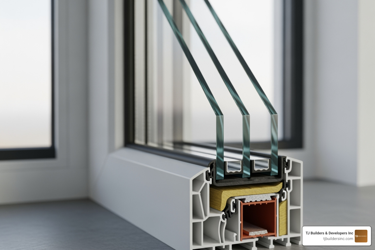 Graphic showing the layers of a high-efficiency French window including Low-E coatings and gas fills Graphic showing the layers of a high-efficiency French window including Low-E coatings and gas fills