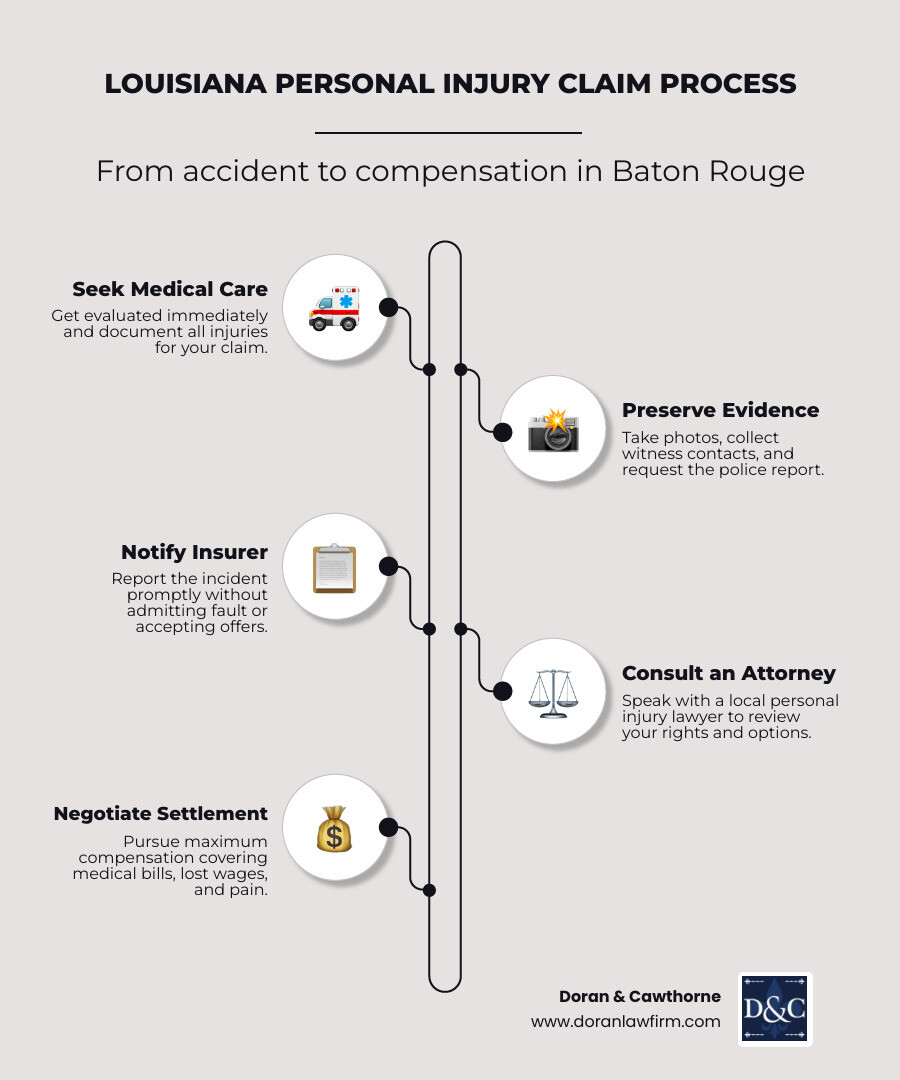 Infographic showing the personal injury claim process in Louisiana from accident to compensation infographic Infographic showing the personal injury claim process in Louisiana from accident to compensation infographic