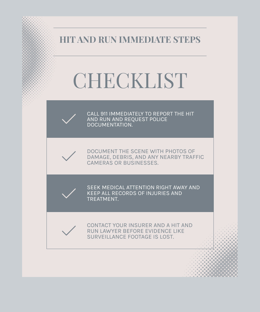 Immediate steps after a hit and run accident infographic: call police, document scene, get medical care, notify insurer Immediate steps after a hit and run accident infographic: call police, document scene, get medical care, notify insurer